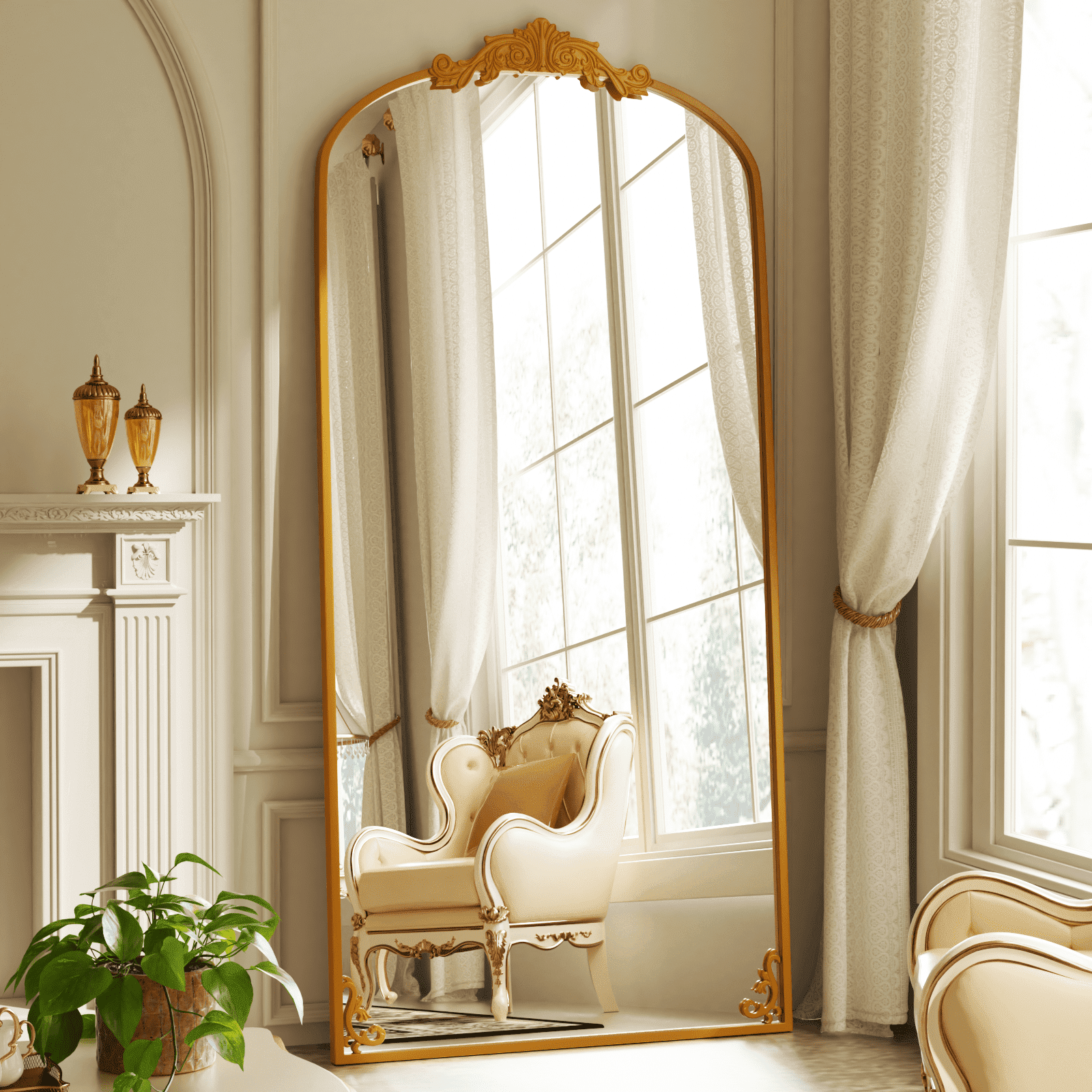 BEAUTYPEAK 74"x32" Full Length Mirror with Baroque Flower Head Design Wall-Mounted Mirror,Gold - Walmart.com