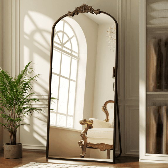 BEAUTYPEAK 74.1"x32.2" Full Length Mirror with Baroque Flower Head Design Wall-Mounted Mirror,Antique Bronze