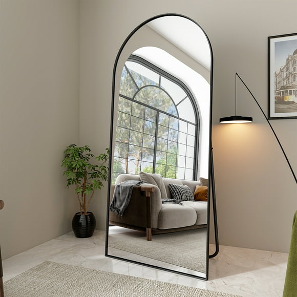 BEAUTYPEAK 76"x34" Oversized Arched Metal Framed Standing Mirrors, Black