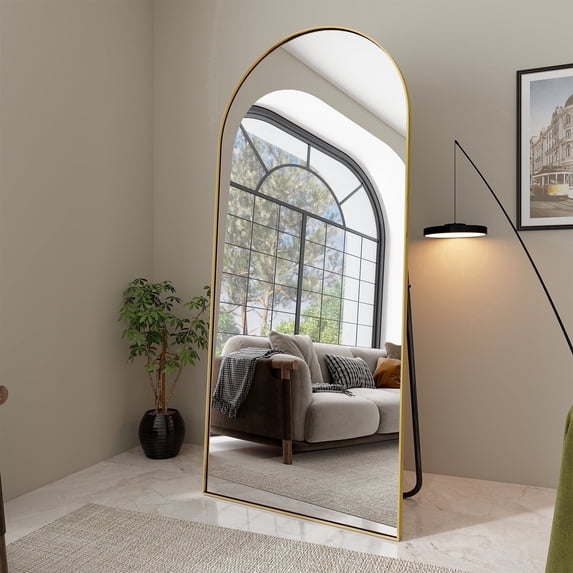 BEAUTYPEAK 76"x34" Oversized Arched Metal Framed Standing Mirrors, Gold