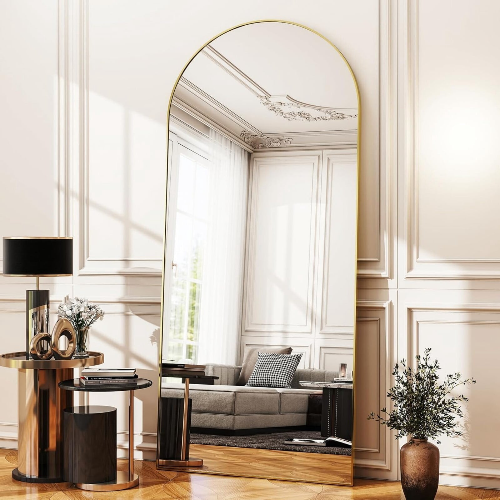 BEAUTYPEAK 78"x 35" Arched Full Length Metal Standing Floor Mirror, Gold