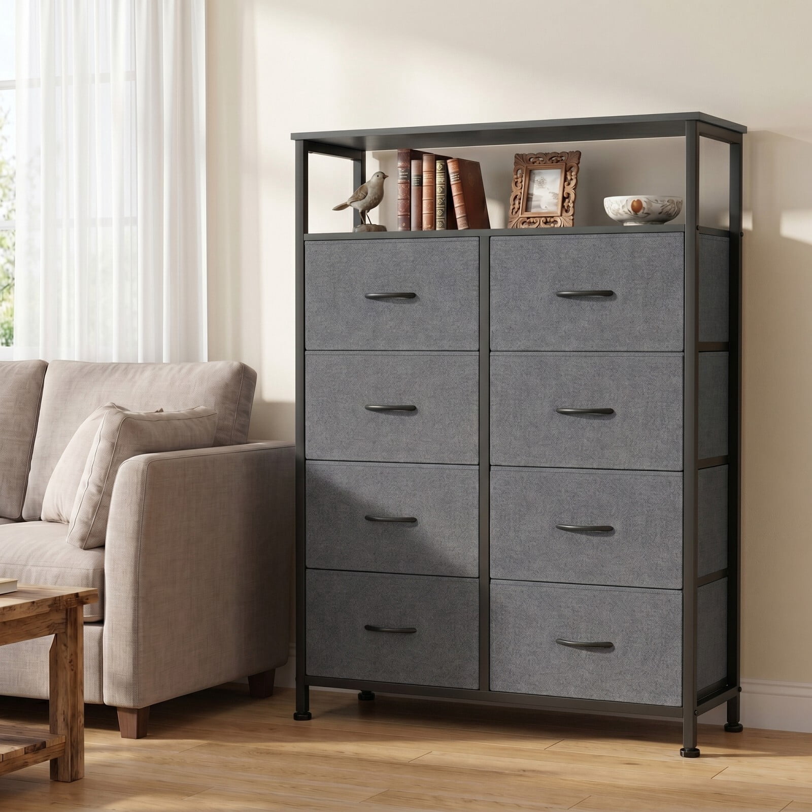 BEAUTYPEAK 8 Drawer Fabric Dresser with Wood Top Open Shelf Storage Chest with Adjustable Feet, Gray