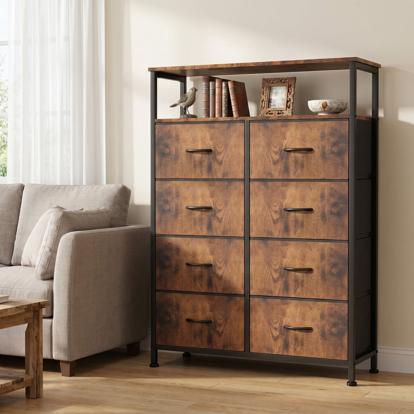BEAUTYPEAK 8 Drawer Fabric Dresser with Wood Top Open Shelf Storage Chest with Adjustable Feet, Rustic Brown