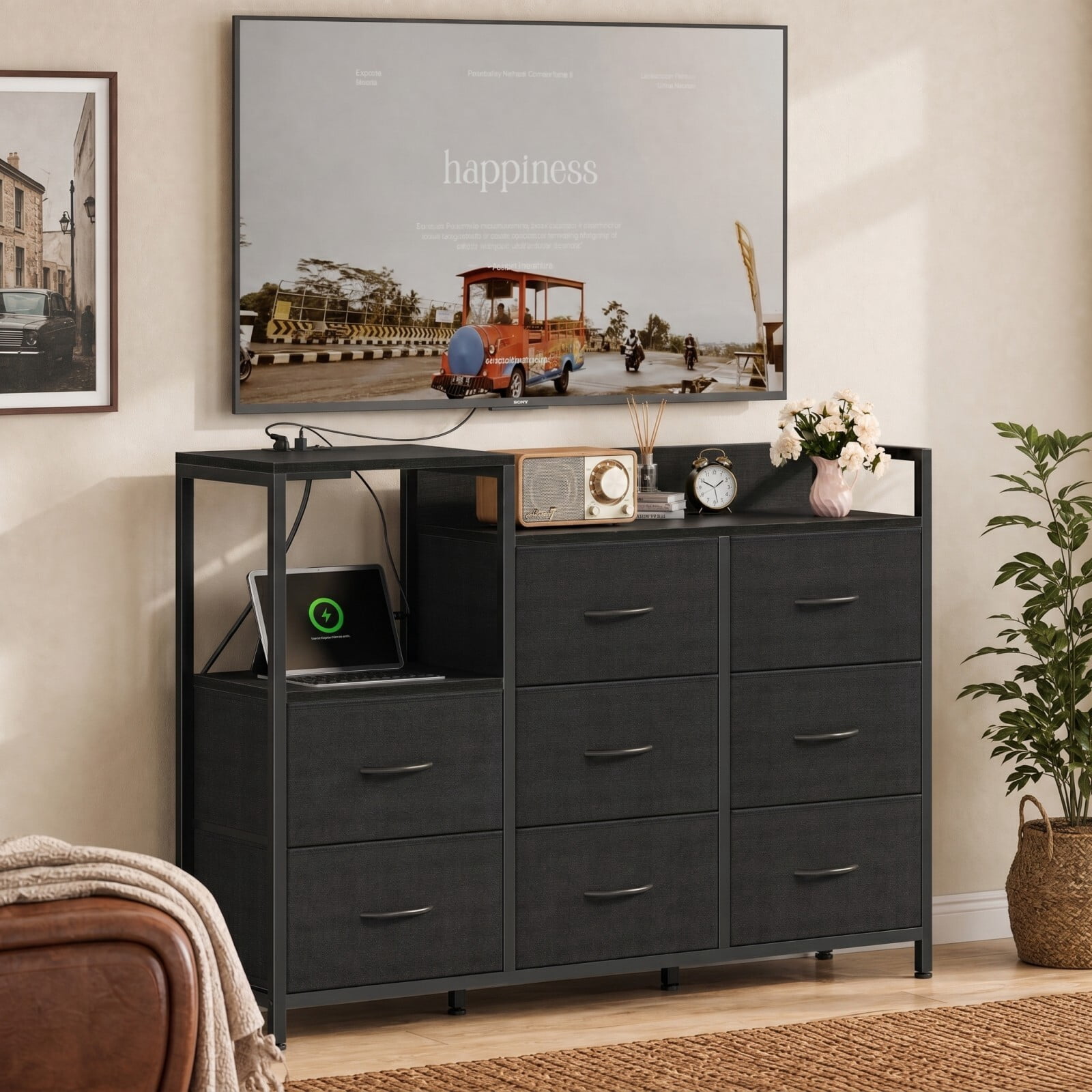 BEAUTYPEAK 8 Drawer Fabric Storage Dresser with Charging Station Open Shelf AC USB Type-C Ports, Black