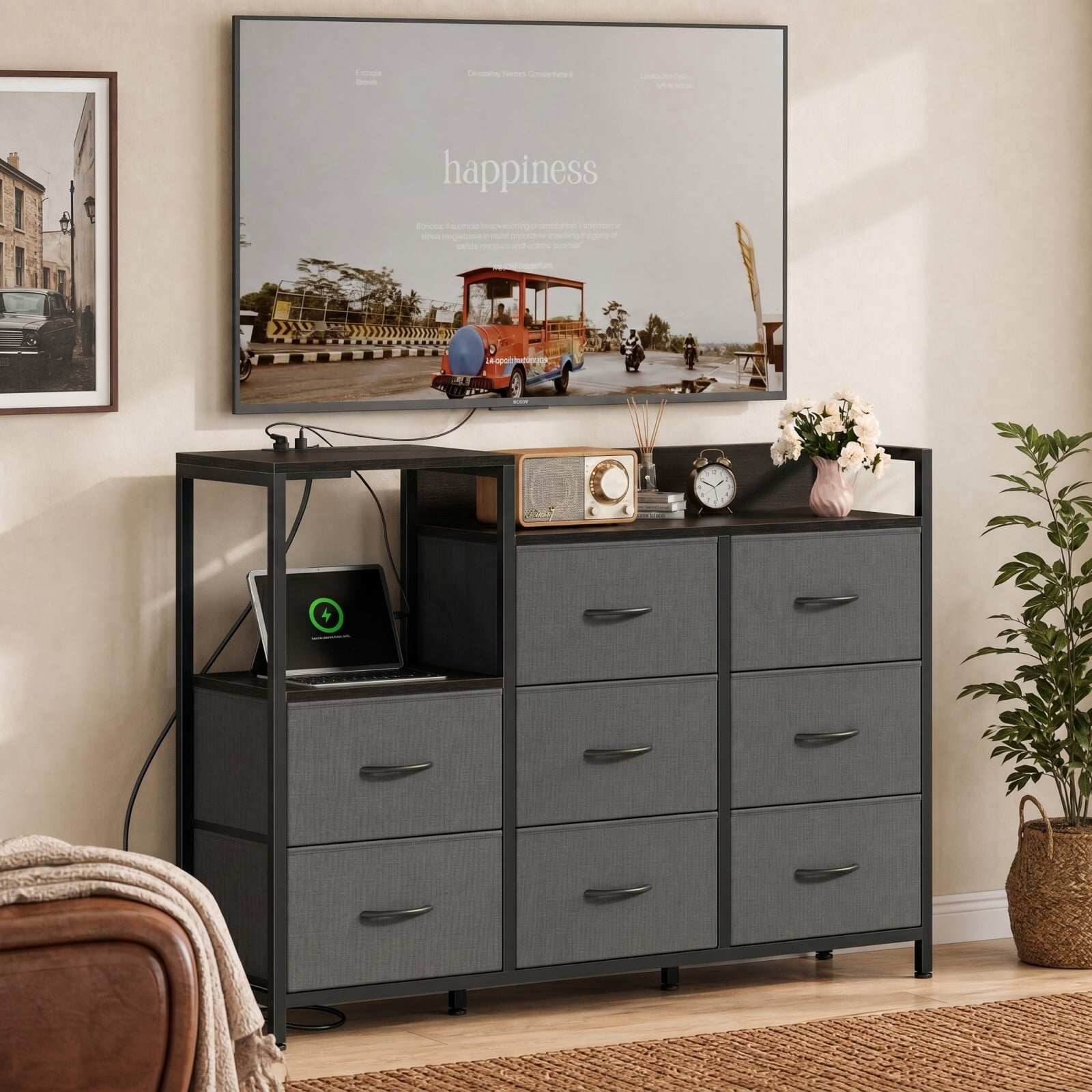 BEAUTYPEAK 8 Drawer Fabric Storage Dresser with Charging Station Open Shelf AC USB Type-C Ports, Gray