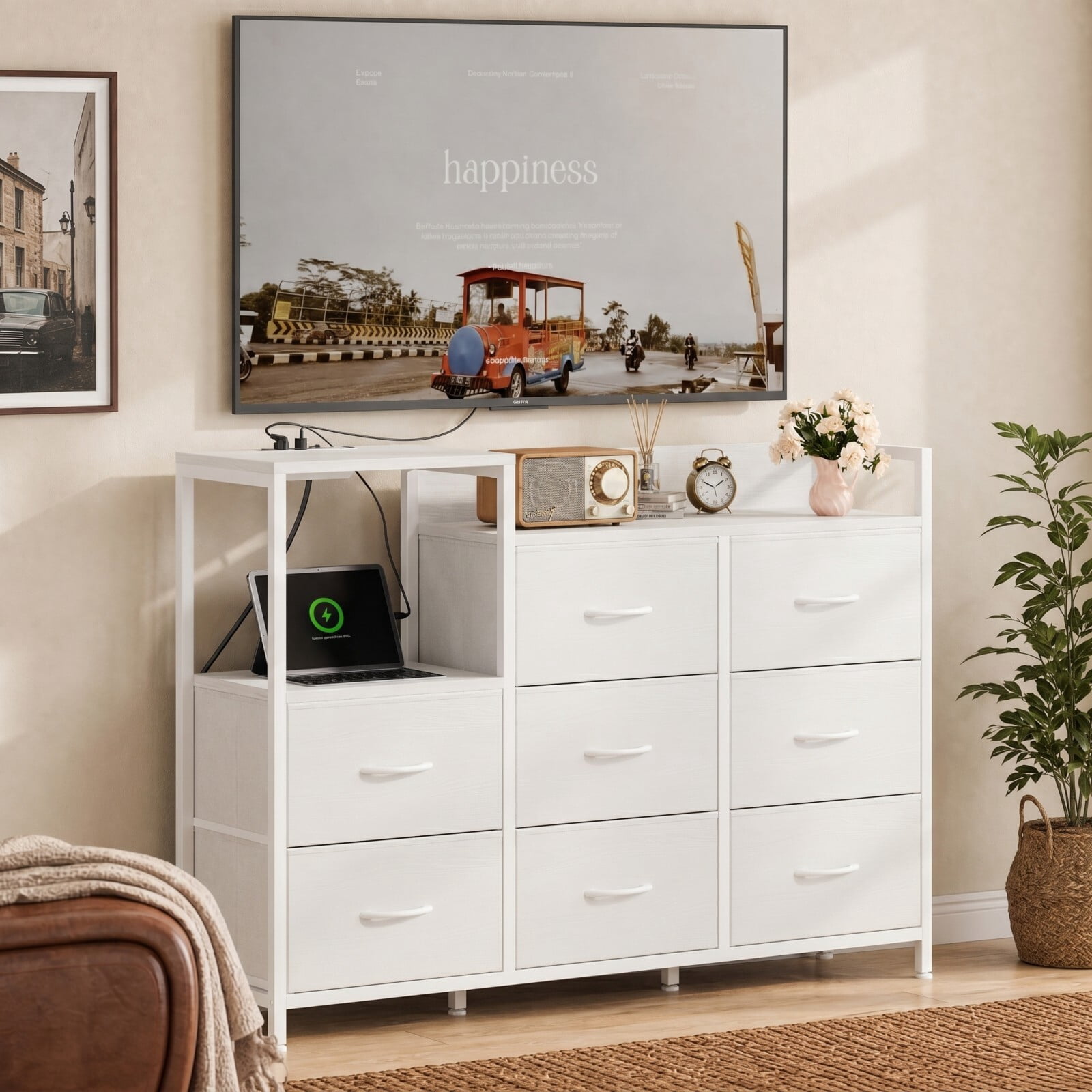 BEAUTYPEAK 8 Drawer Fabric Storage Dresser with Charging Station Open Shelf AC USB Type-C Ports, White