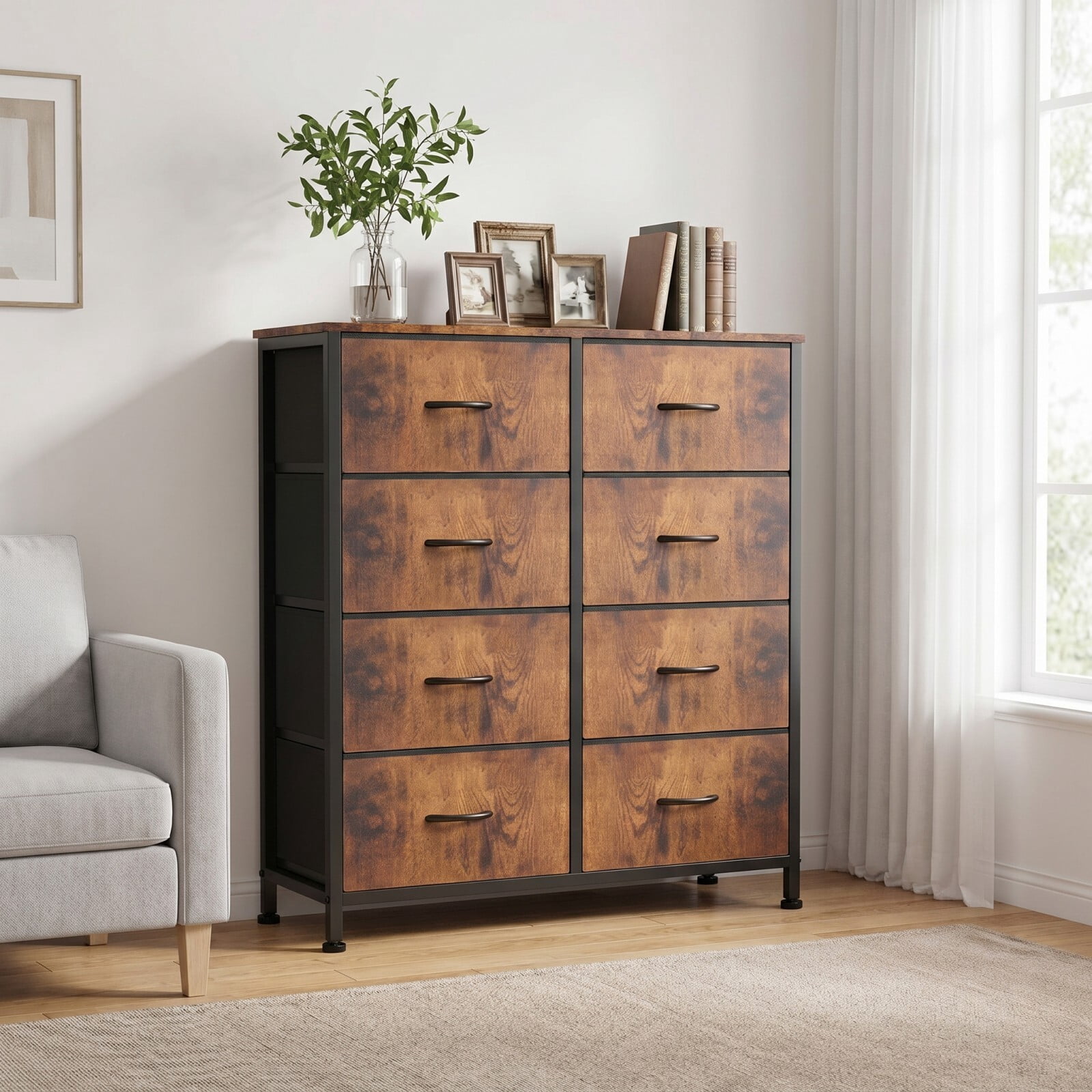 BEAUTYPEAK 8 Drawers Fabric Dresser Bedroom Storage Chest with Wood Top Adjustable Feet, Rustic Brown