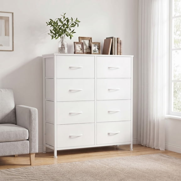 BEAUTYPEAK 8 Drawers Fabric Dresser Bedroom Storage Chest with Wood Top Adjustable Feet, White