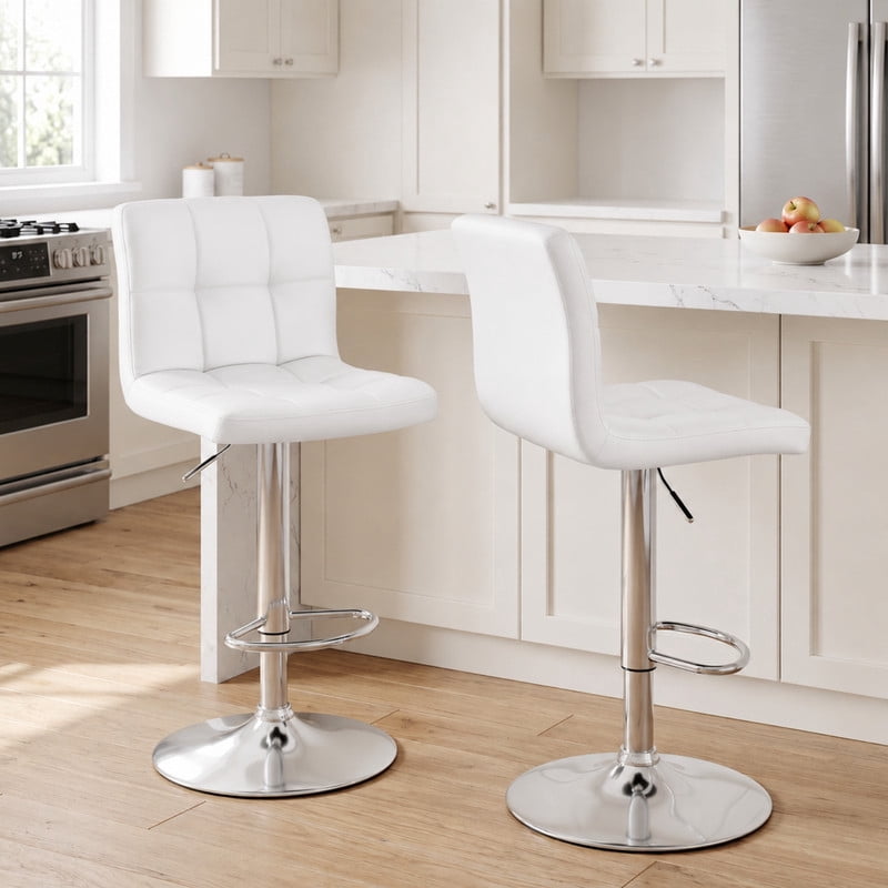 BEAUTYPEAK Adjustable Bar Stools Set of 2 PU Leather Swivel Counter Height Chairs with Backrest and Footrest, White