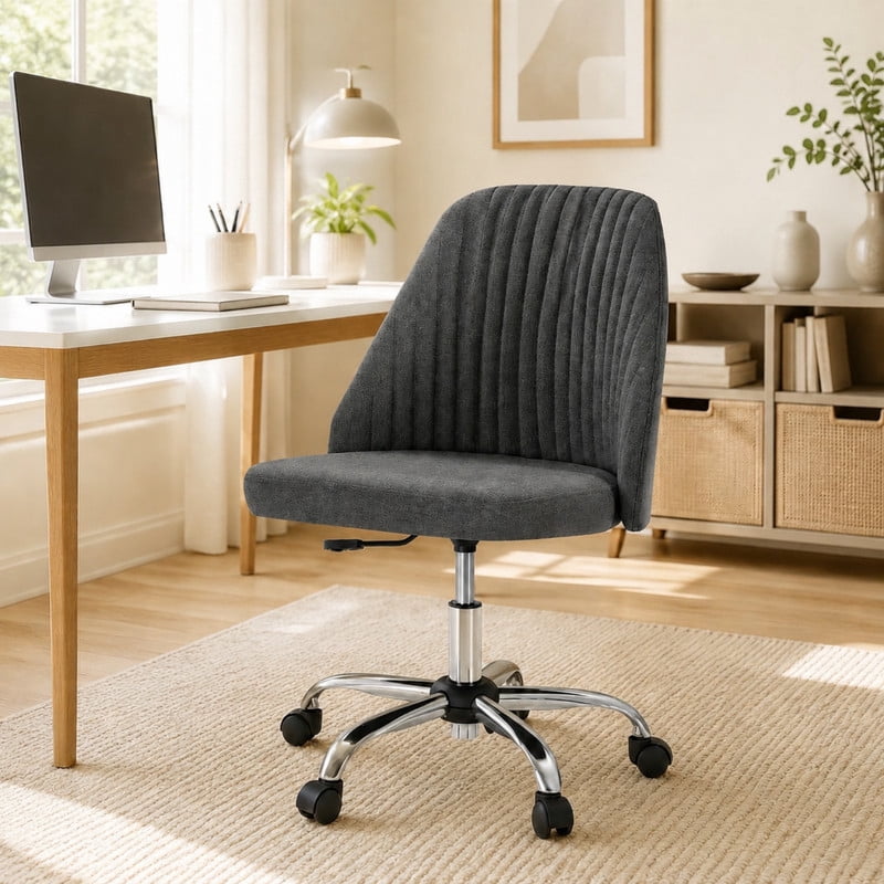 BEAUTYPEAK Armless Vanity Chair Adjustable Swivel Fabric Desk Chair with Padded Seat Wheels Mid-Back Office Chair, Dark Gray