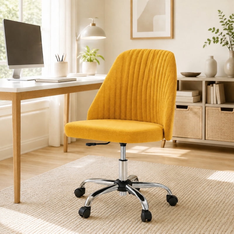 BEAUTYPEAK Armless Vanity Chair Adjustable Swivel Fabric Desk Chair with Padded Seat Wheels Mid-Back Office Chair, Ginger