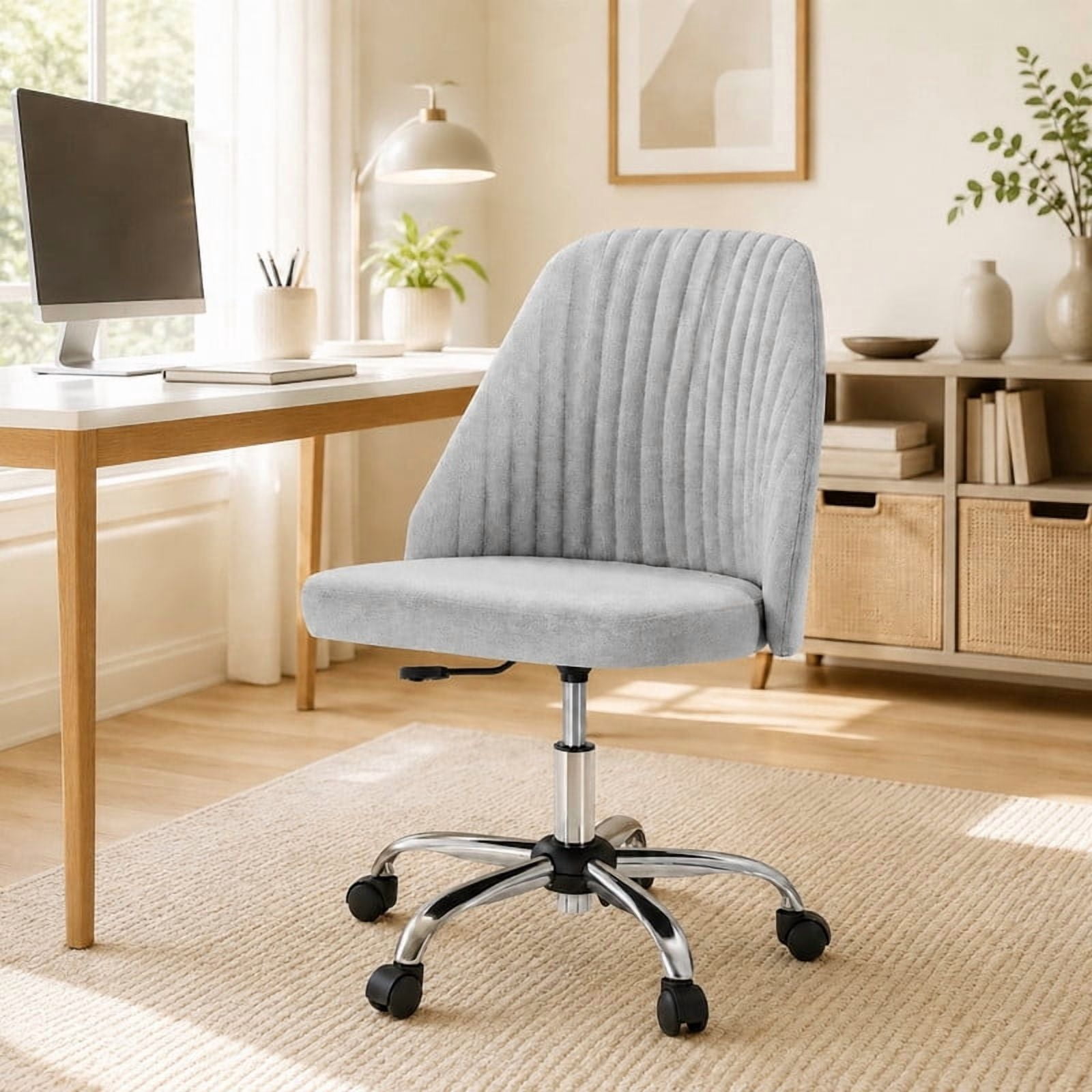 BEAUTYPEAK Armless Vanity Chair Adjustable Swivel Fabric Desk Chair with Padded Seat Wheels Mid-Back Office Chair, Light Gray