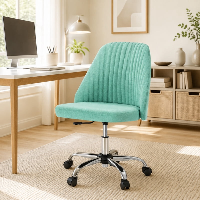 BEAUTYPEAK Armless Vanity Chair Adjustable Swivel Fabric Desk Chair with Padded Seat Wheels Mid-Back Office Chair, Mint