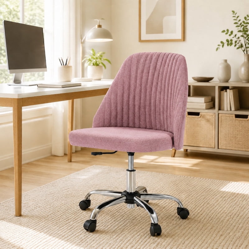 BEAUTYPEAK Armless Vanity Chair Adjustable Swivel Fabric Desk Chair with Padded Seat Wheels Mid-Back Office Chair, Pink