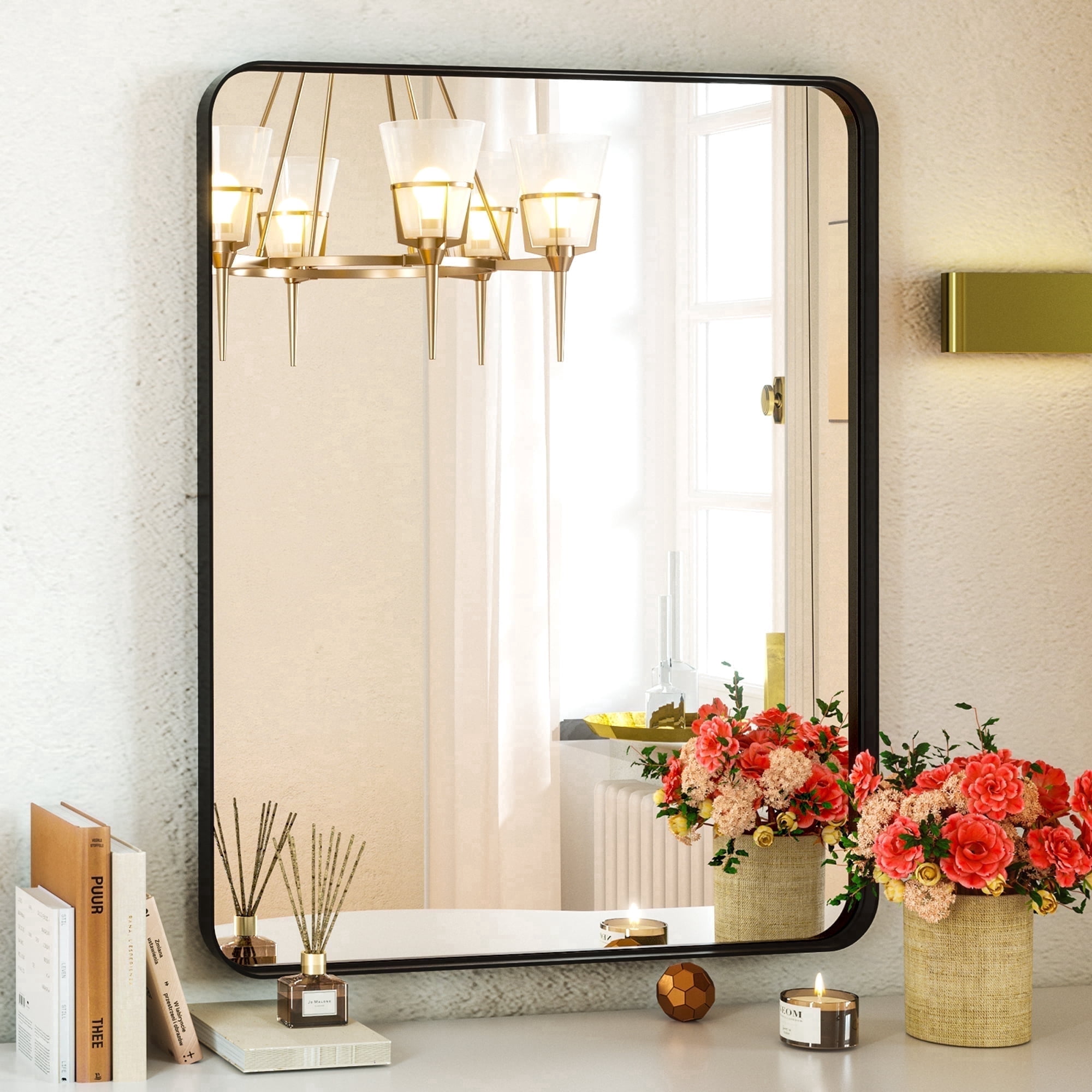BEAUTYPEAK BEAUTYPEAK Bathroom Mirror 24x36 inch, Modern Round Corner Vanity Wall Mirror,Black