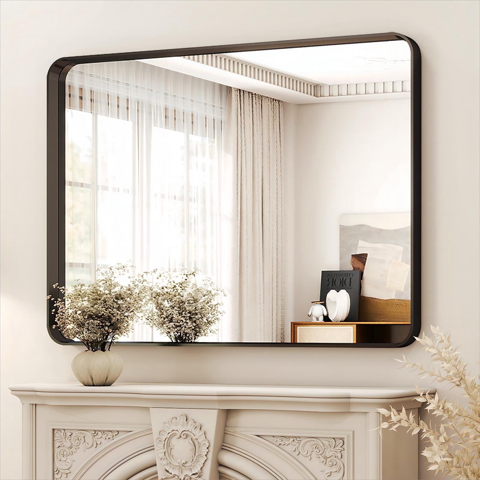 BEAUTYPEAK Bathroom Mirror 30x40 inch, Modern Round Corner Vanity Wall Mirror，Black