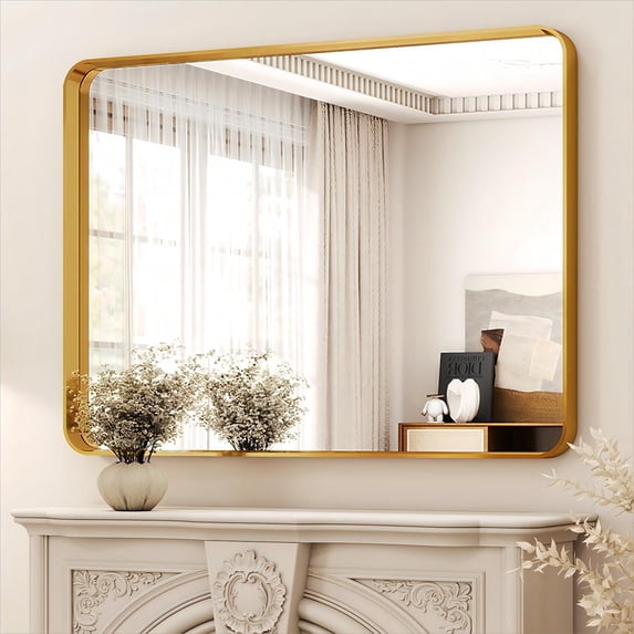 BEAUTYPEAK Bathroom Mirror 30x40 inch, Modern Round Corner Vanity Wall Mirror,Gold