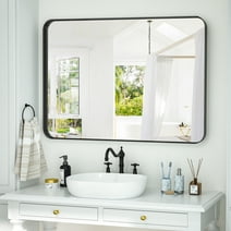 BEAUTYPEAK Bathroom Mirror 30x48 inch, Modern Round Corner Vanity Wall Mirror，Black