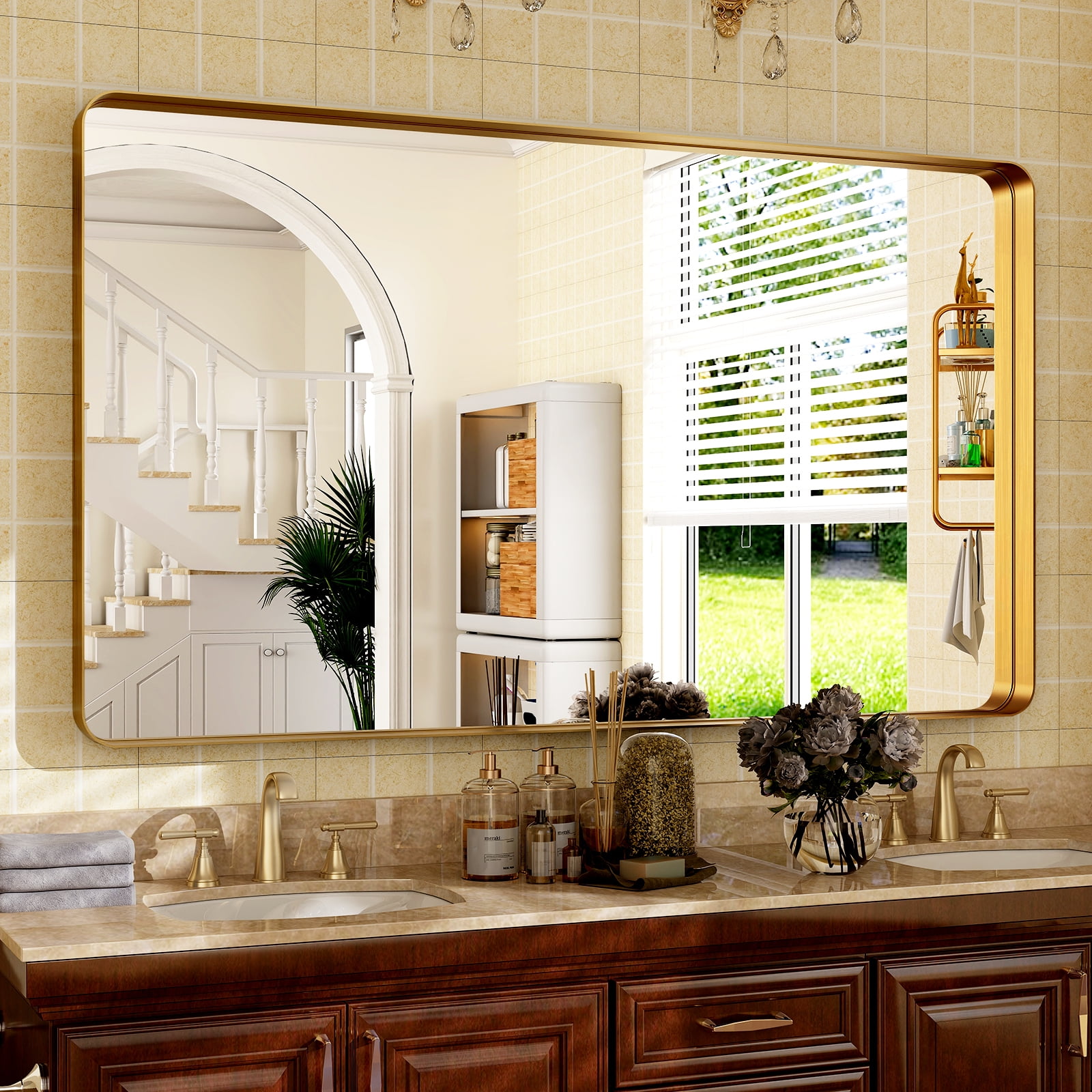 BEAUTYPEAK Bathroom Mirror 30x48 inch, Modern Round Corner Vanity Wall