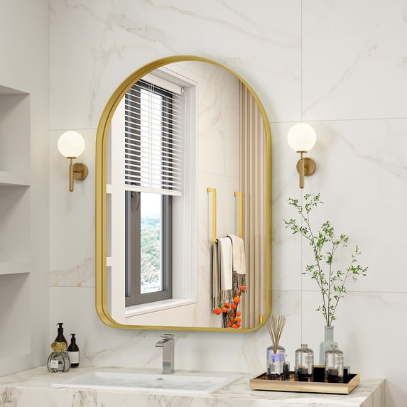 BEAUTYPEAK Deep Frame Set Arched Bathroom Mirror with Rounded Corners 24"x 36", Gold
