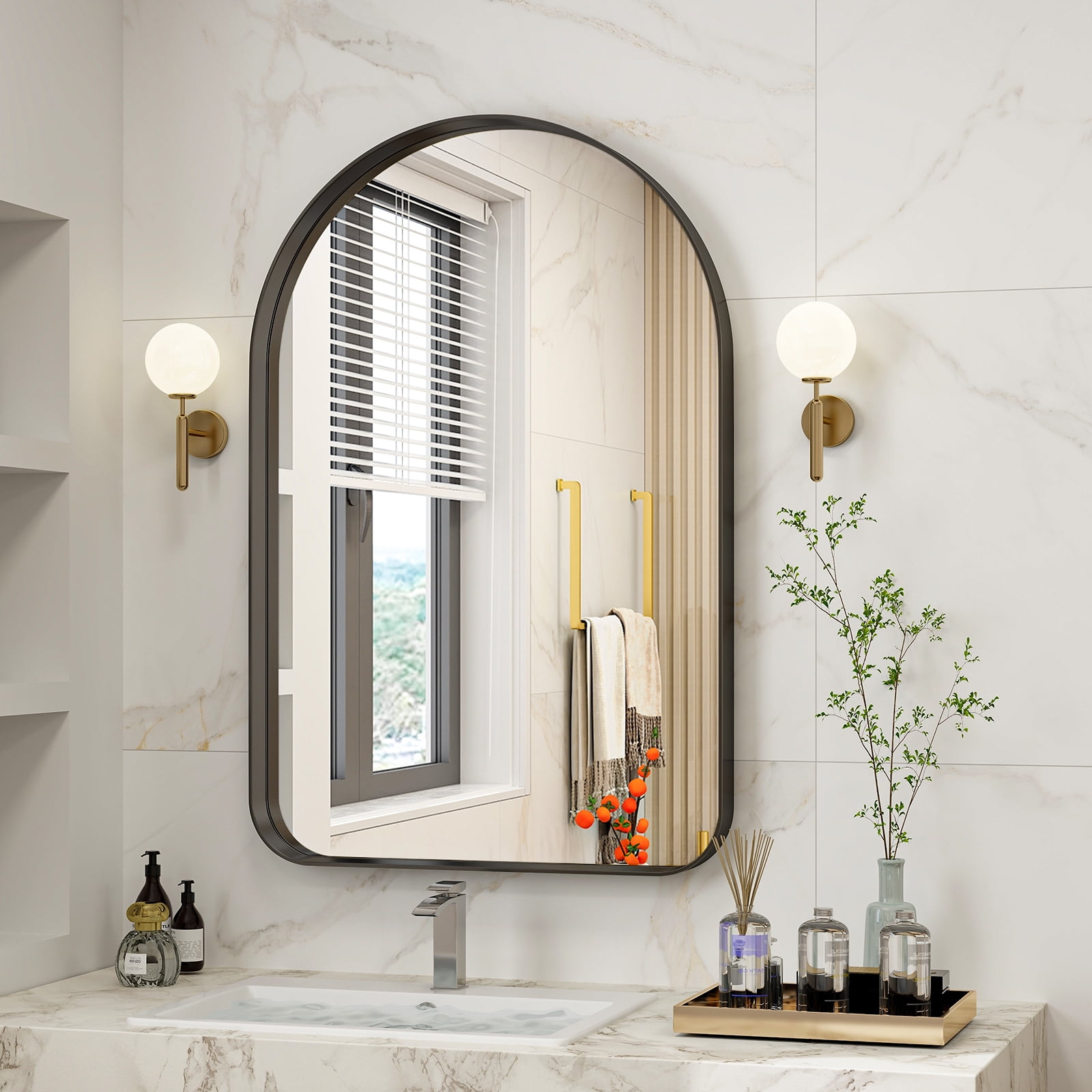 BEAUTYPEAK Deep Frame Set Arched Bathroom Mirror with Rounded Corners 26"x 38", Black
