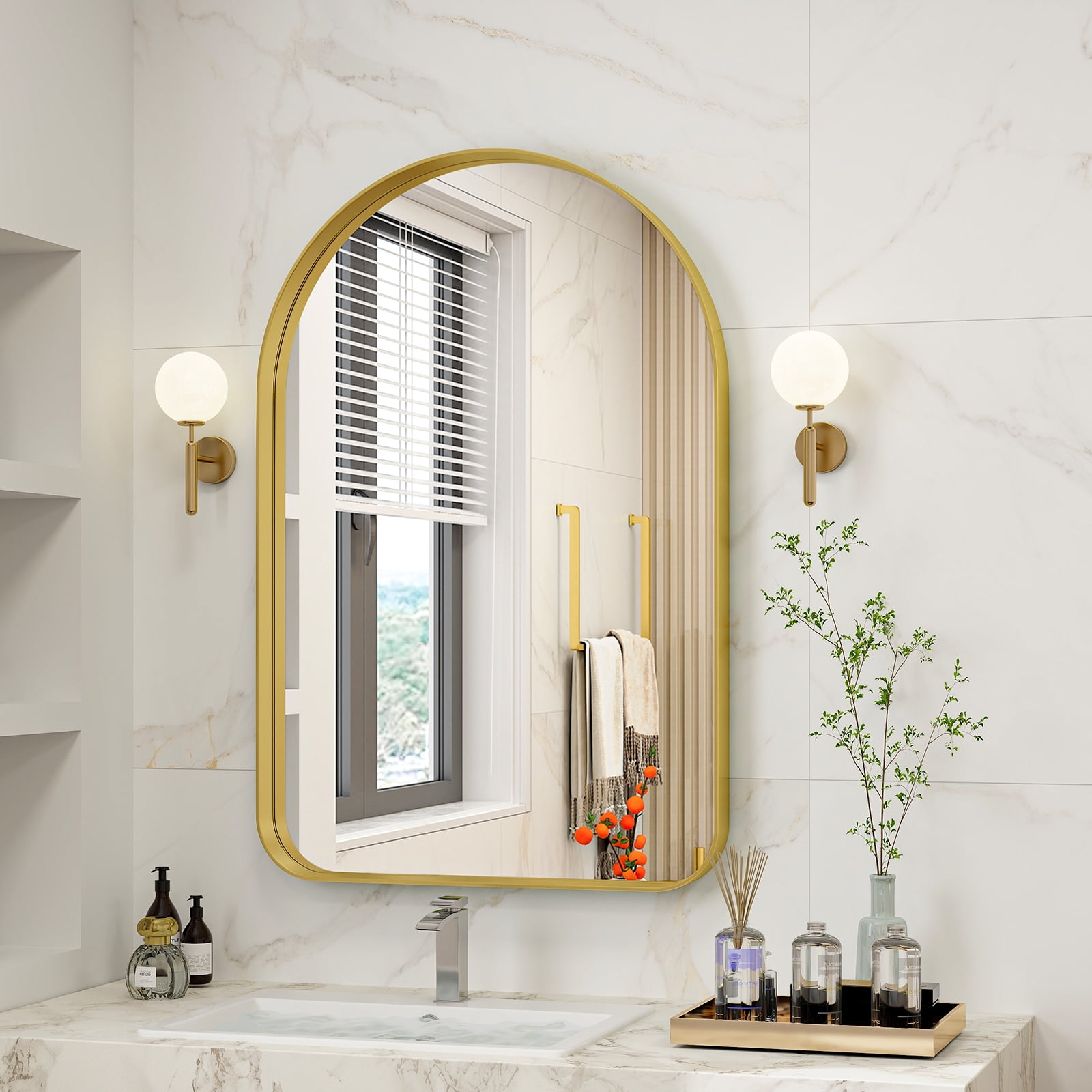 BEAUTYPEAK Deep Frame Set Arched Bathroom Mirror with Rounded Corners 26"x 38", Gold