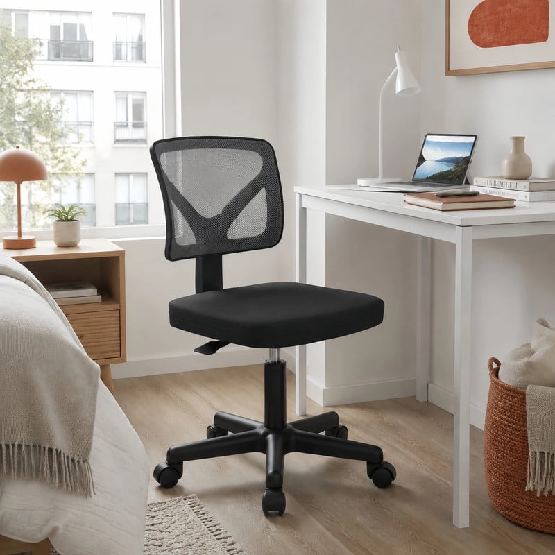 BEAUTYPEAK Desk Chair with Y-Shaped Lumbar Support Adjustable Armless Mesh Office Chair with Wheels for Home Office, Black