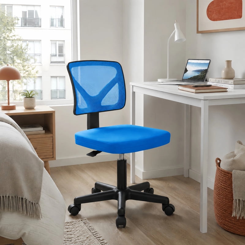 BEAUTYPEAK Desk Chair with Y-Shaped Lumbar Support Adjustable Armless Mesh Office Chair with Wheels for Home Office, Blue