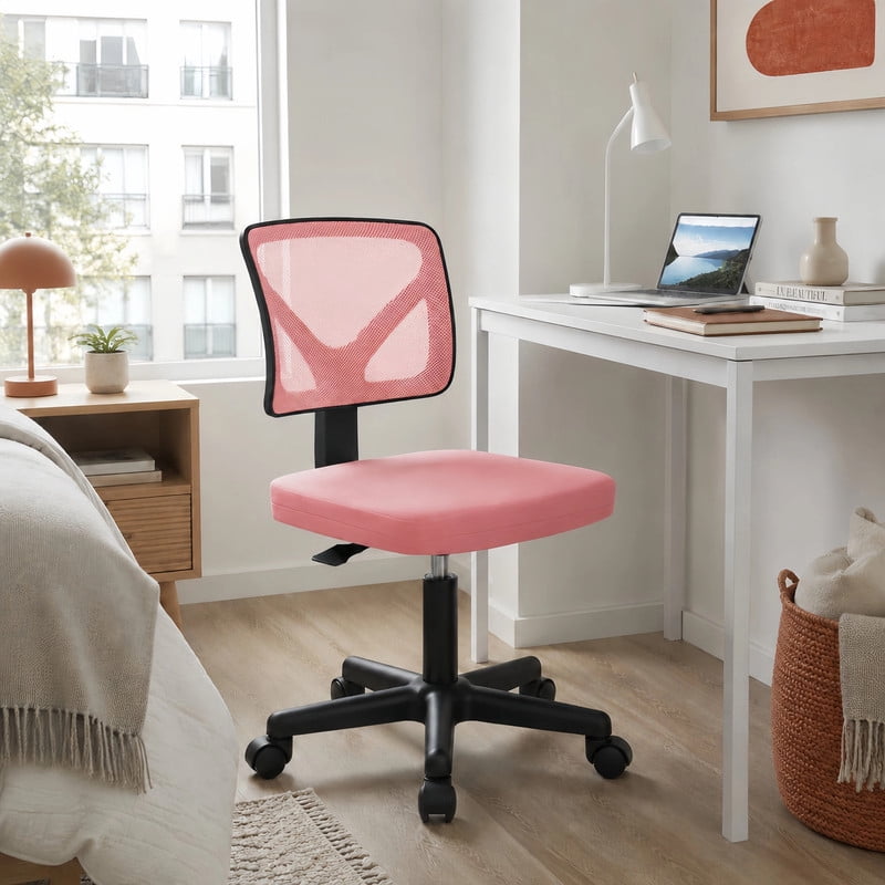 BEAUTYPEAK Desk Chair with Y-Shaped Lumbar Support Adjustable Armless Mesh Office Chair with Wheels for Home Office, Pink