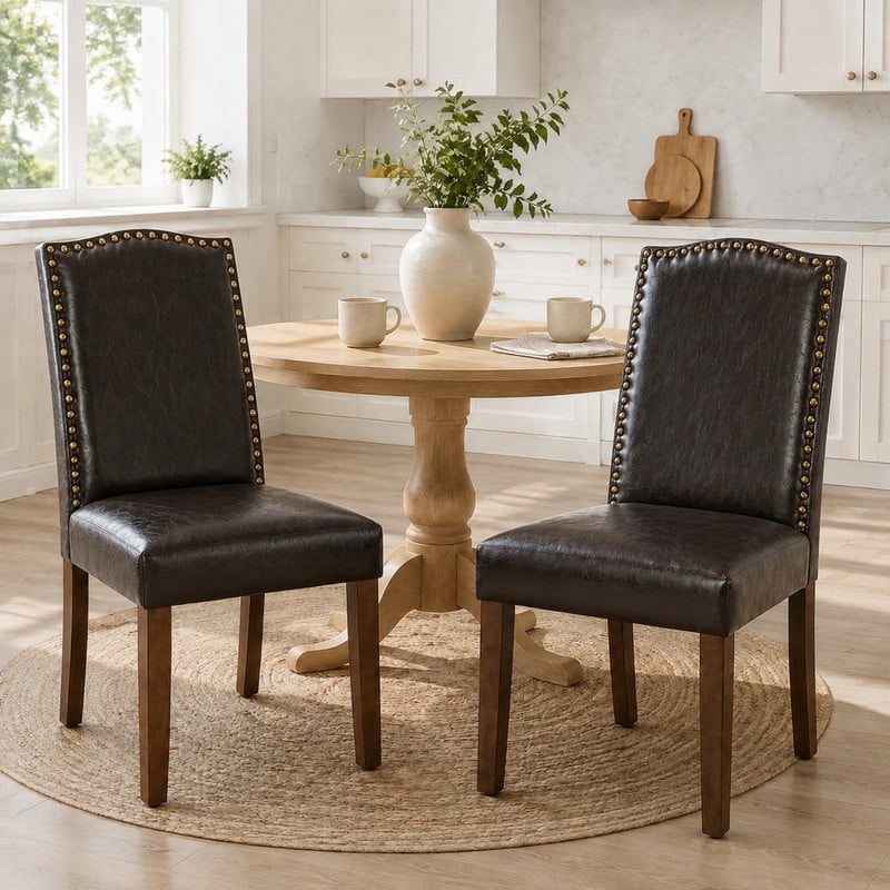 BEAUTYPEAK Dining Chairs Set of 2 Upholstered Parsons Chairs with Nailhead Trim Padded Leather Seats and Wood Legs, Brown