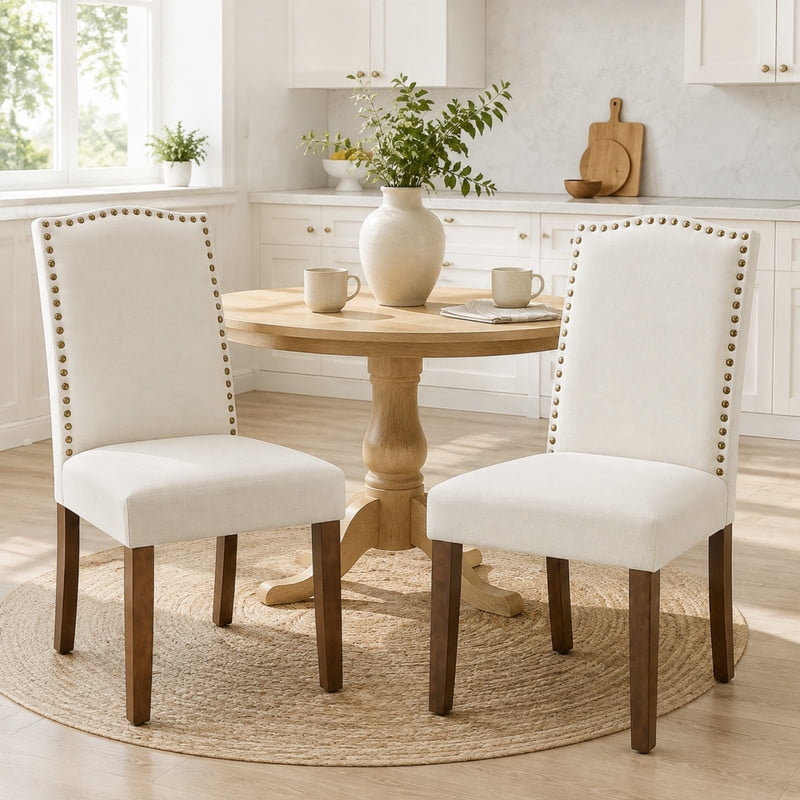 BEAUTYPEAK Dining Chairs Set of 2 Upholstered Parsons Chairs with Nailhead Trim Padded Linen Seats and Wood Legs, Beige