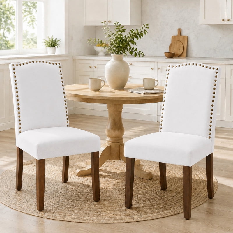 BEAUTYPEAK Dining Chairs Set of 2 Upholstered Parsons Chairs with Nailhead Trim Padded Linen Seats and Wood Legs, Gray