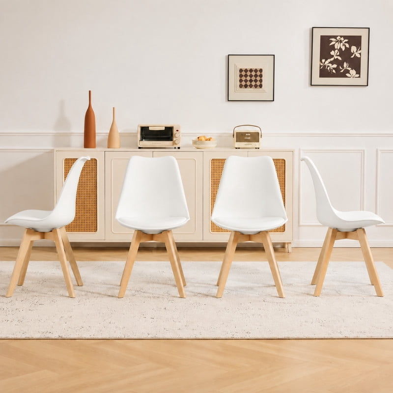 BEAUTYPEAK Dining Chairs Set of 4 PU Leather Upholstered Side Chairs with Padded Seats Solid Wood Legs Modern Accent Chairs, White