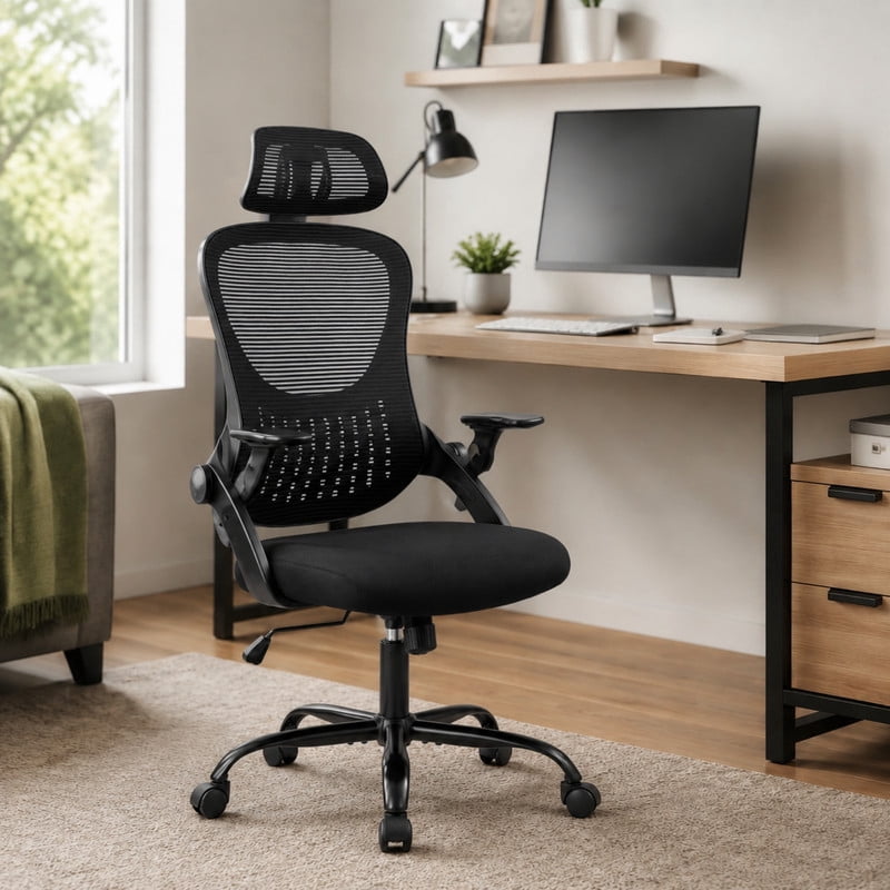 BEAUTYPEAK Ergonomic Office Chair High-Back Mesh Computer Desk Chair with Lumbar Support Adjustable Headrest Flip-Up Arms Wheels, Black