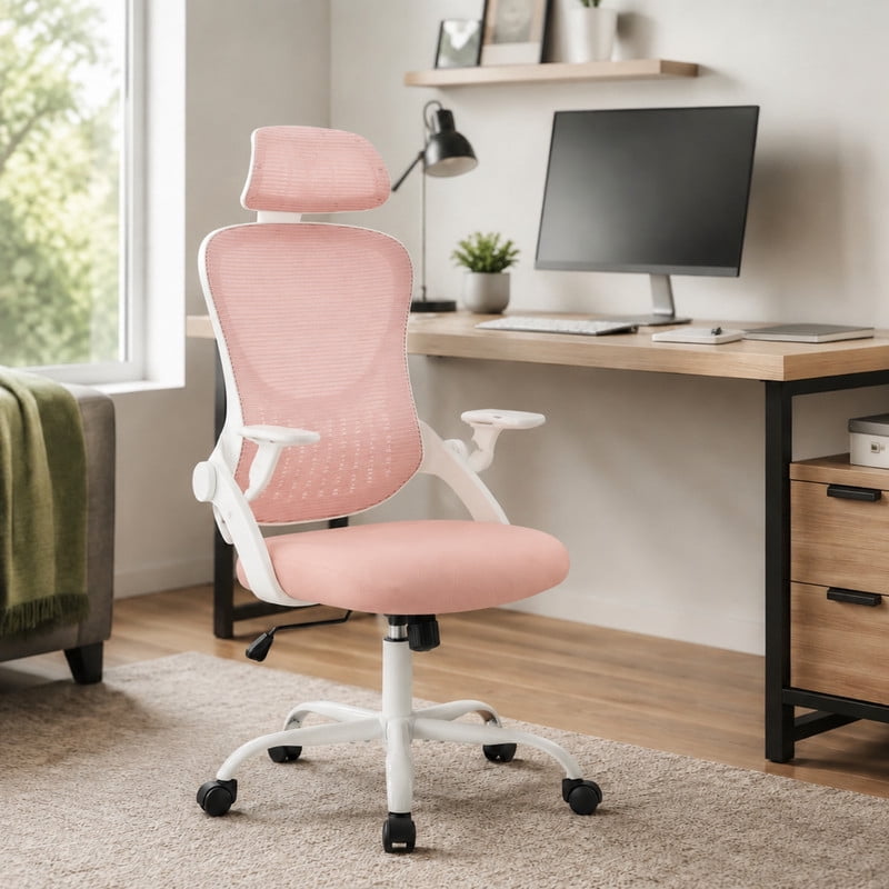 BEAUTYPEAK Ergonomic Office Chair High-Back Mesh Computer Desk Chair with Lumbar Support Adjustable Headrest Flip-Up Arms Wheels, Pink