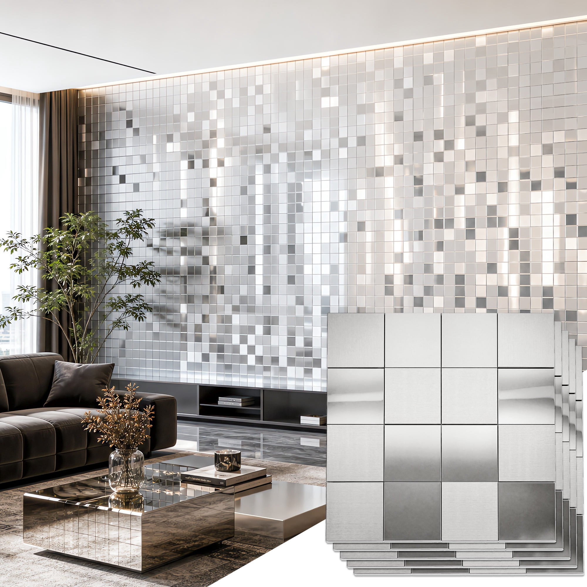 BEAUTYPEAK Modern Metal Wall Decor, 5PCS 12" x 12" 3D Textured Decorative Wall Panels, Silver