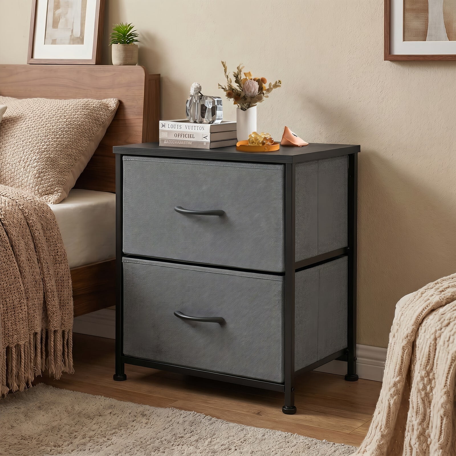 BEAUTYPEAK Nightstand 2-Drawer Fabric Dresser Bedside Table with Wooden Top Adjustable Feet, Gray