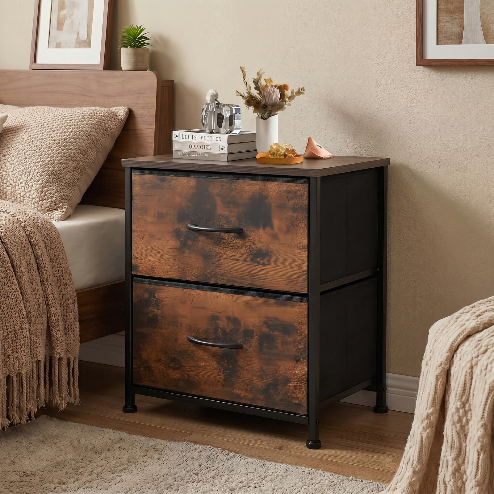 BEAUTYPEAK Nightstand 2-Drawer Fabric Dresser Bedside Table with Wooden Top Adjustable Feet, Rustic Brown