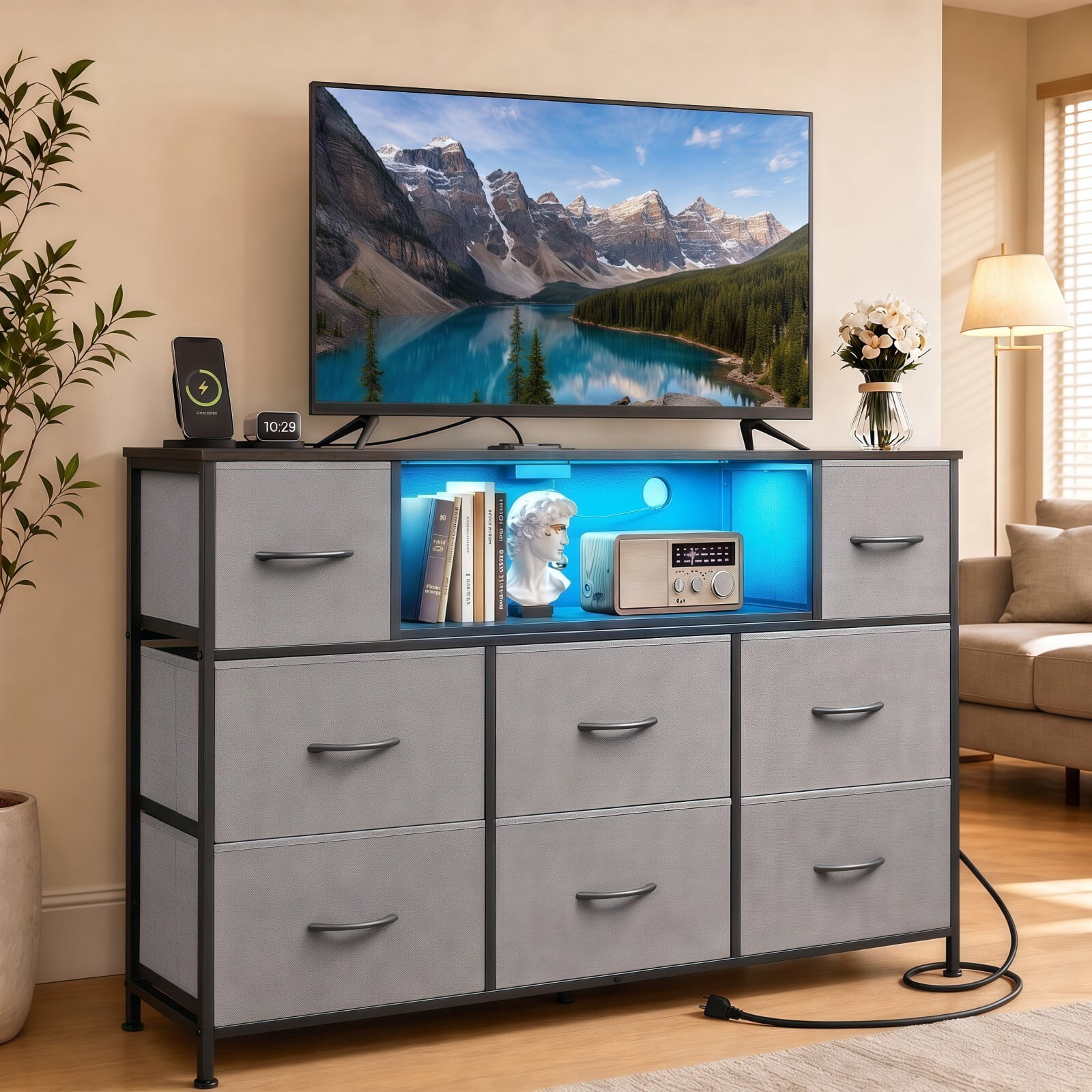 BEAUTYPEAK TV Stand Dresser with 8 Fabric Drawers LED Light Open Shelf AC & USB-C Charging Station, Gray