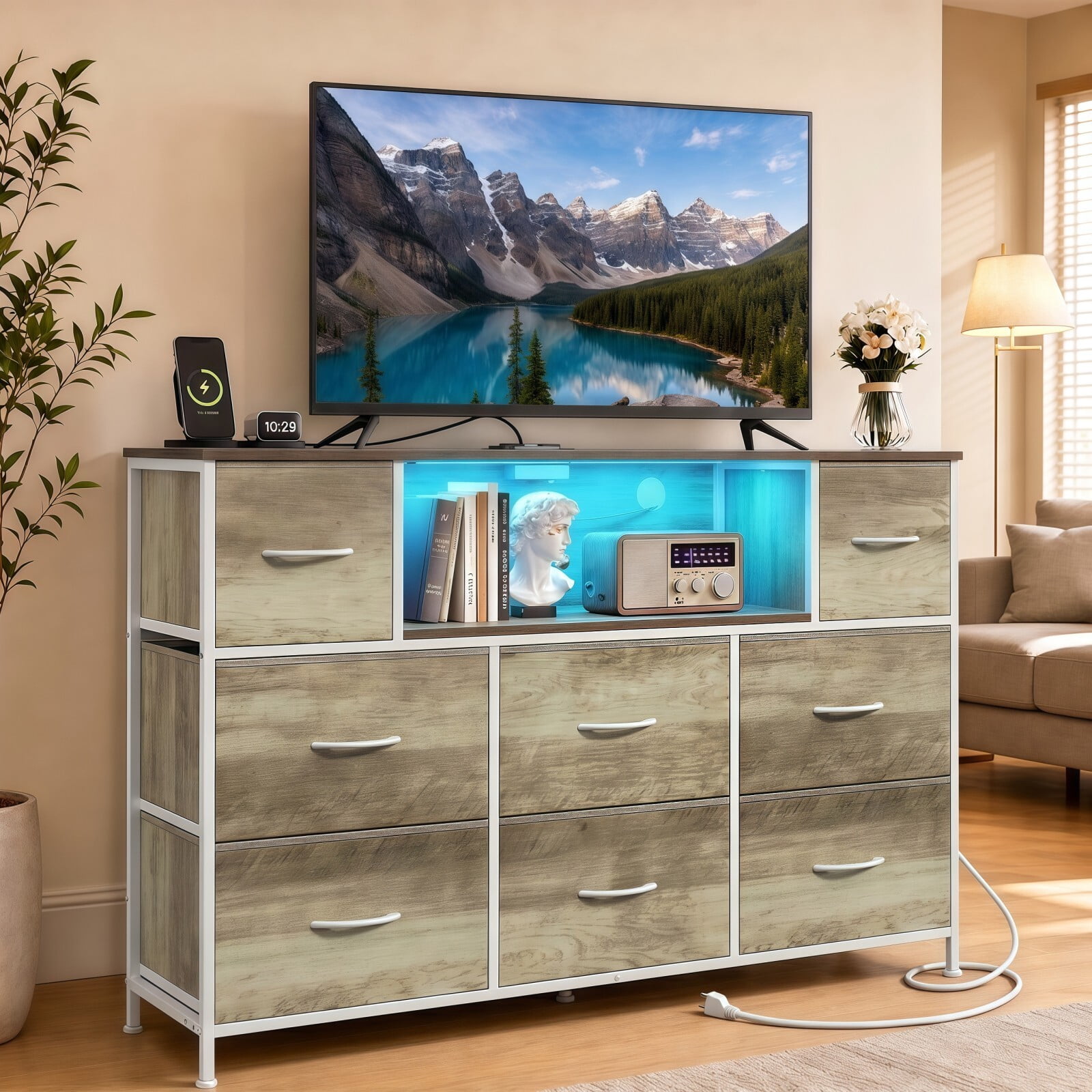 BEAUTYPEAK TV Stand Dresser with 8 Fabric Drawers LED Light Open Shelf AC & USB-C Charging Station, Oak