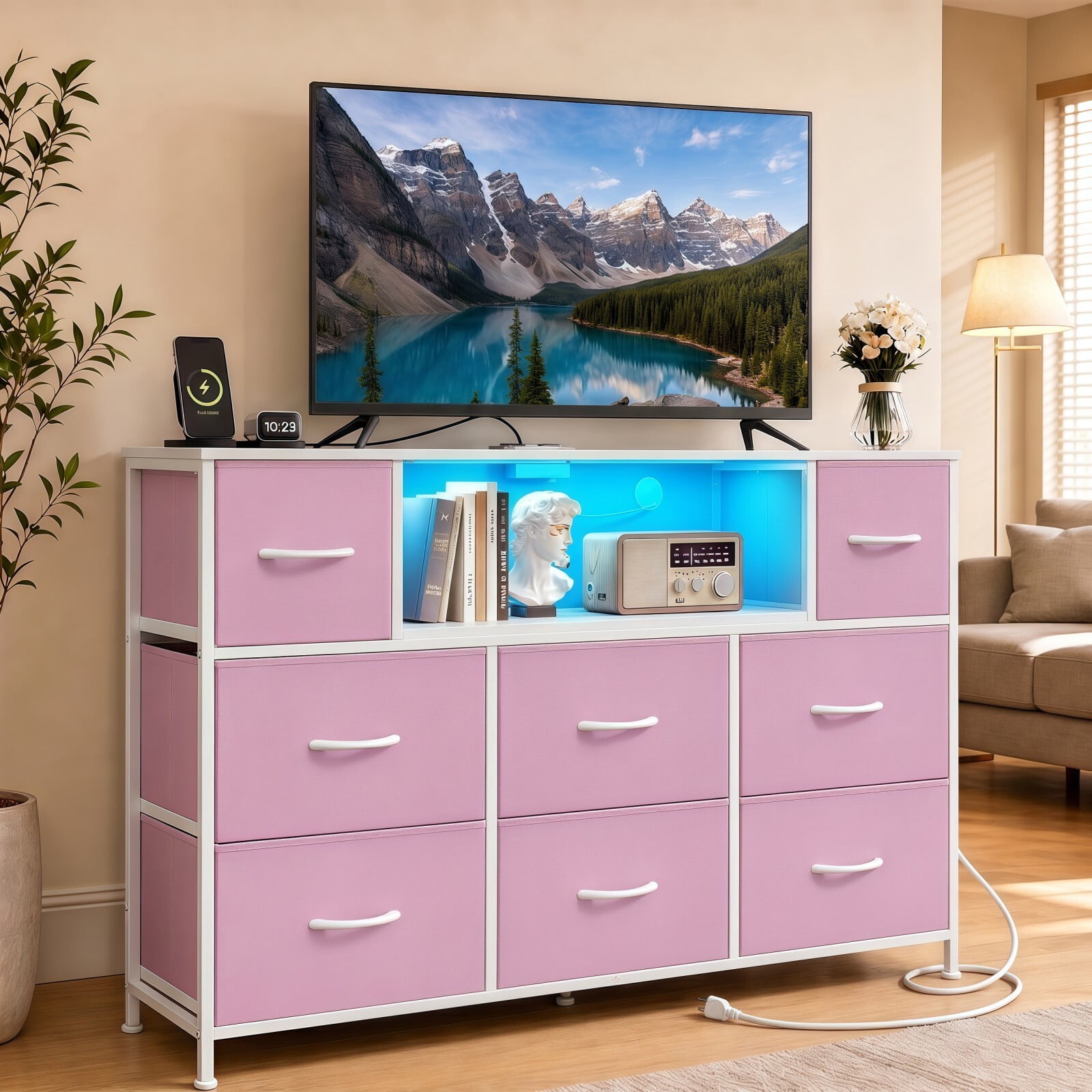 BEAUTYPEAK TV Stand Dresser with 8 Fabric Drawers LED Light Open Shelf AC & USB-C Charging Station, Pink