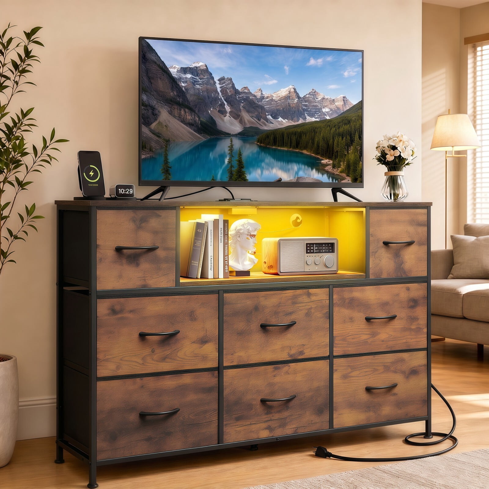BEAUTYPEAK TV Stand Dresser with 8 Fabric Drawers LED Light Open Shelf AC & USB-C Charging Station, Rust