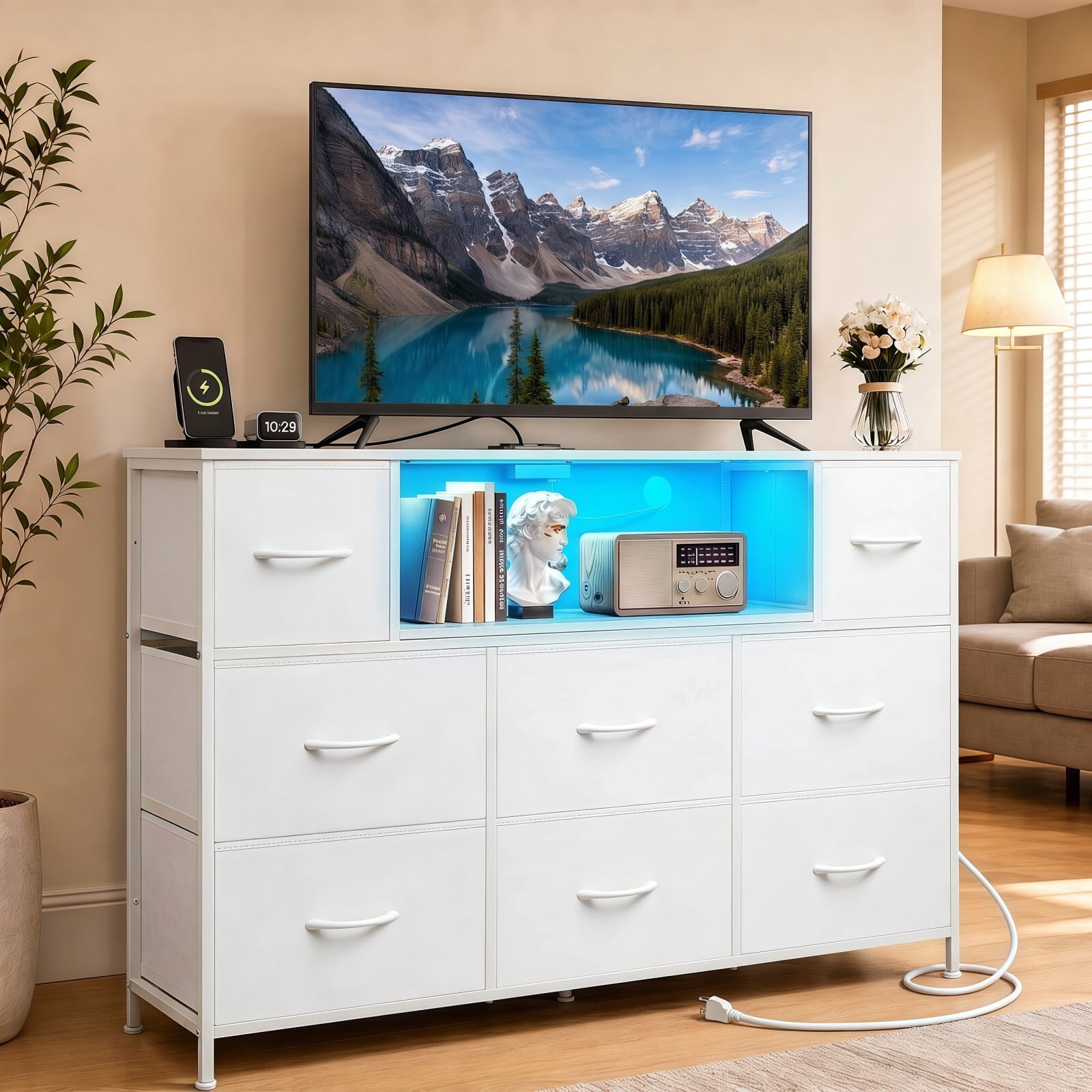BEAUTYPEAK TV Stand Dresser with 8 Fabric Drawers LED Light Open Shelf AC & USB-C Charging Station, White