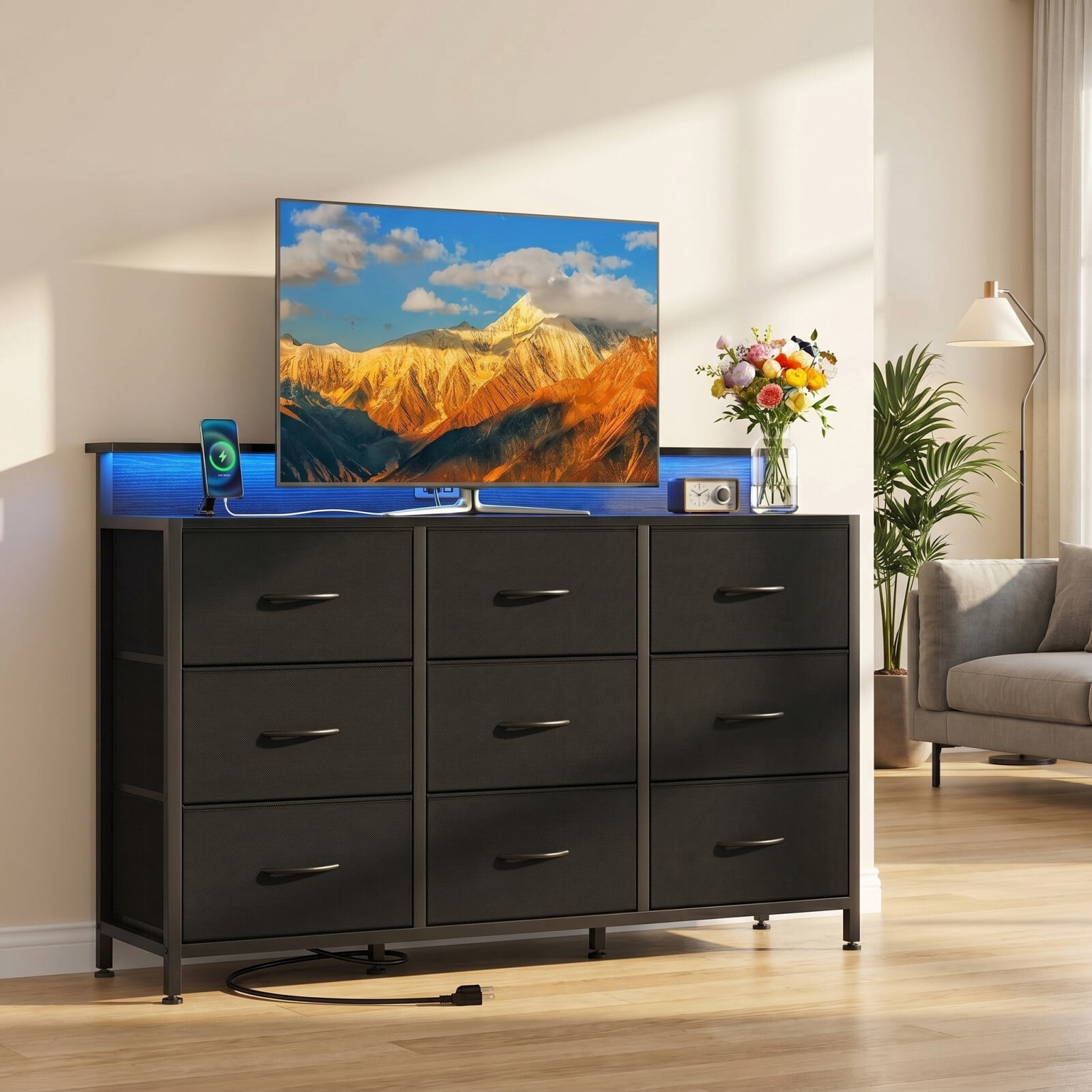 BEAUTYPEAK TV Stand Dresser with 9 Fabric Drawers LED Light AC USB-C Charging Station, Black
