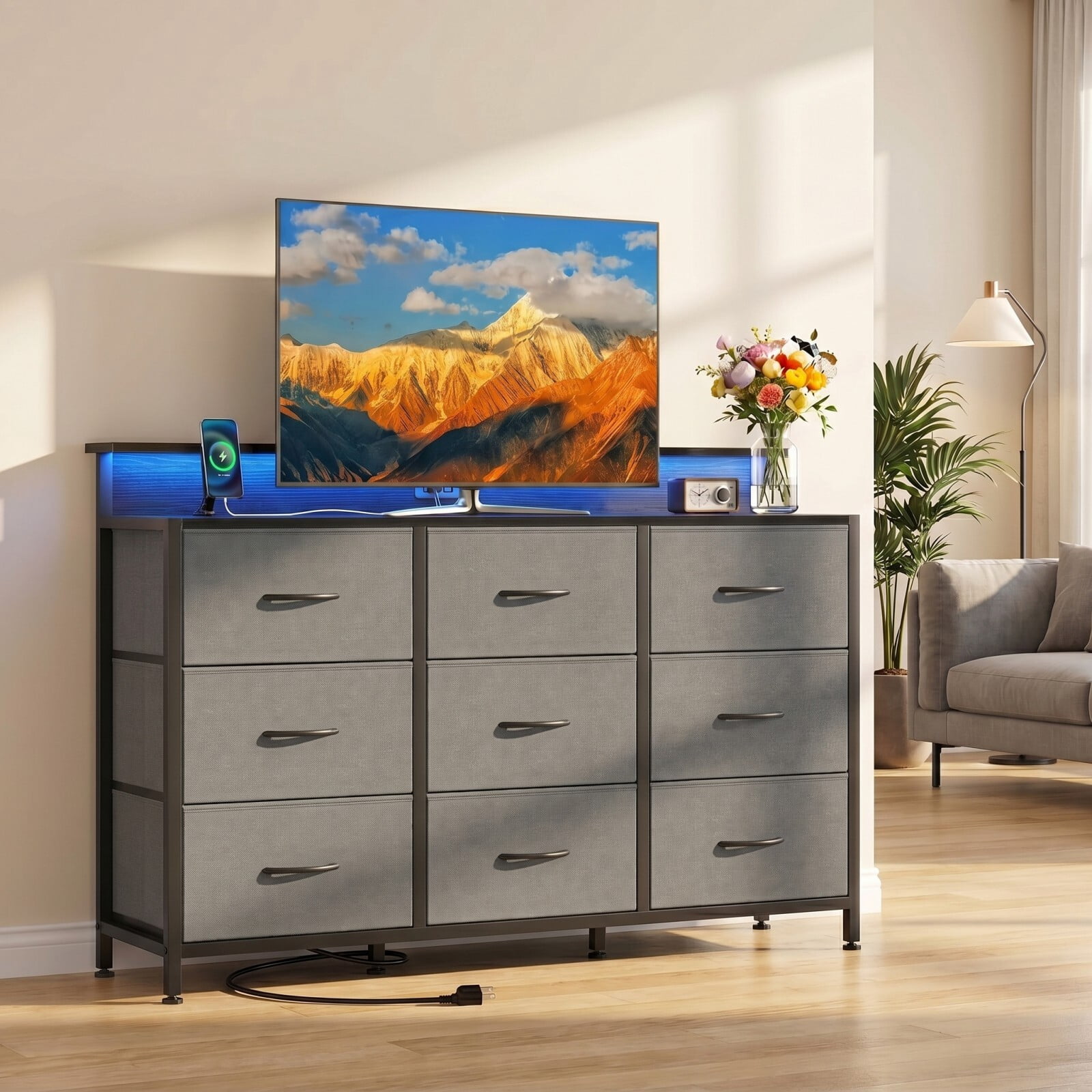 BEAUTYPEAK TV Stand Dresser with 9 Fabric Drawers LED Light AC USB-C Charging Station, Gray