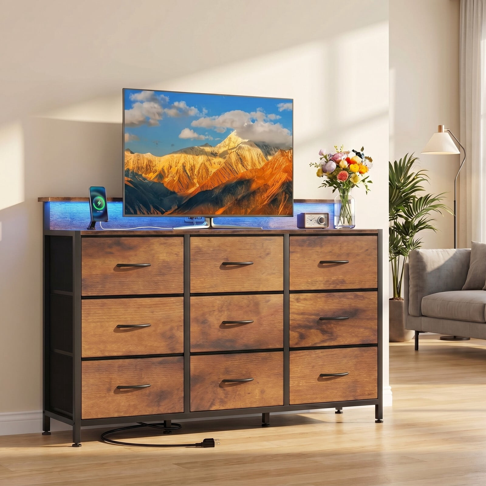 BEAUTYPEAK TV Stand Dresser with 9 Fabric Drawers LED Light AC USB-C Charging Station, Rustic Brown