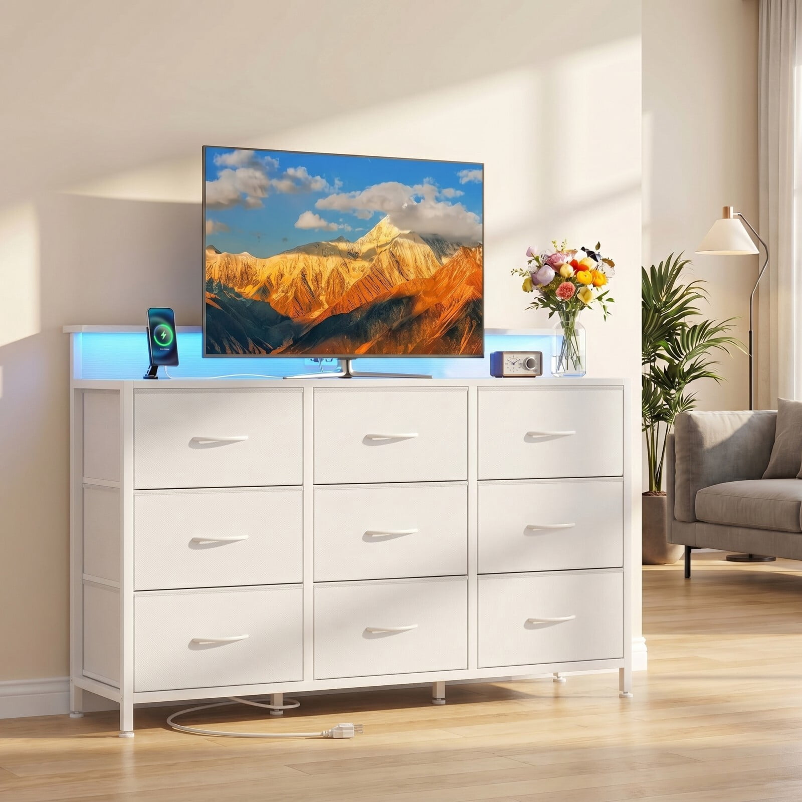 BEAUTYPEAK TV Stand Dresser with 9 Fabric Drawers LED Light AC USB-C Charging Station, White