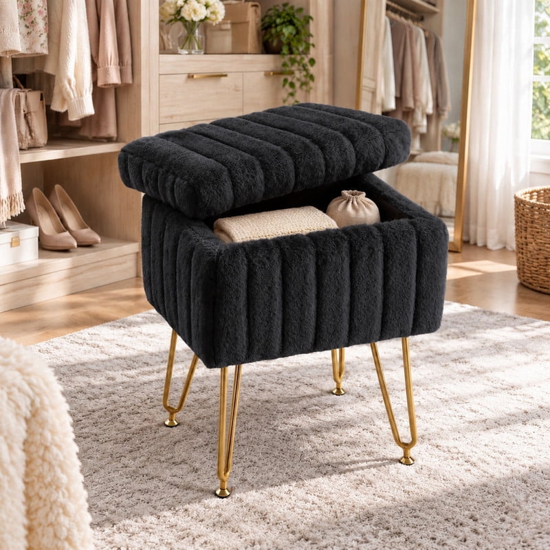 BEAUTYPEAK Vanity Stool with Storage Faux Fur Padded Makeup Ottoman with Gold Metal Legs and Adjustable Feet 18.9" Footstool, Black