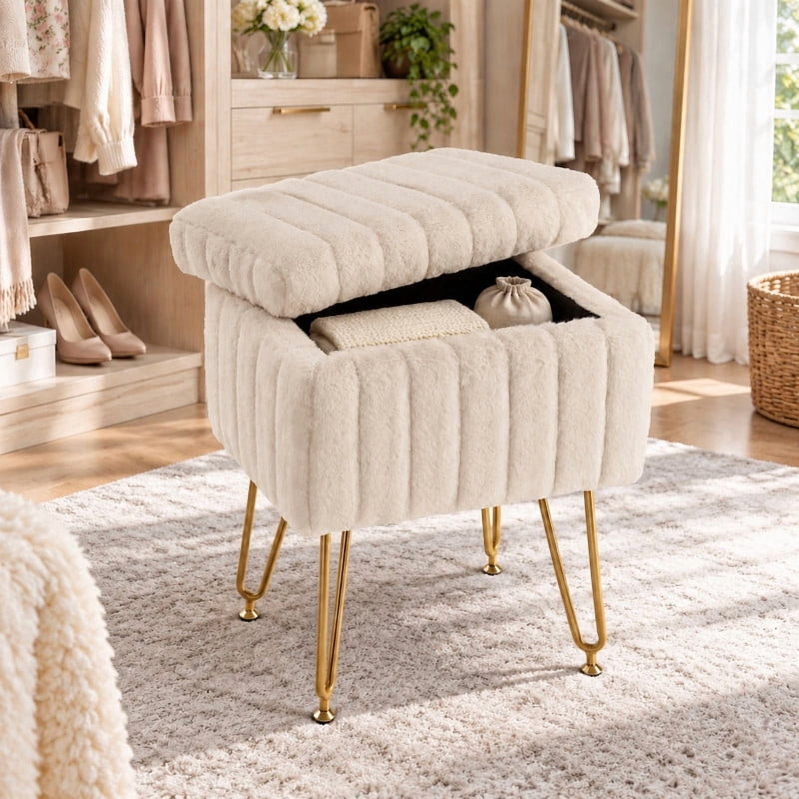 BEAUTYPEAK Vanity Stool with Storage Faux Fur Padded Makeup Ottoman with Gold Metal Legs and Adjustable Feet 18.9" Footstool, Camel