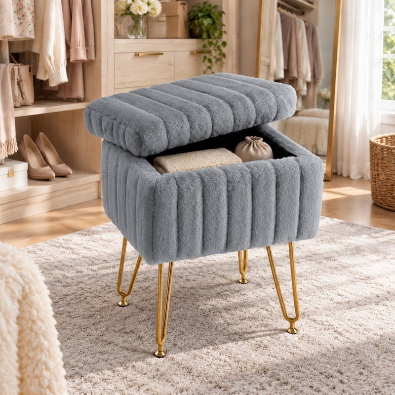 BEAUTYPEAK Vanity Stool with Storage Faux Fur Padded Makeup Ottoman with Gold Metal Legs and Adjustable Feet 18.9" Footstool, Gray